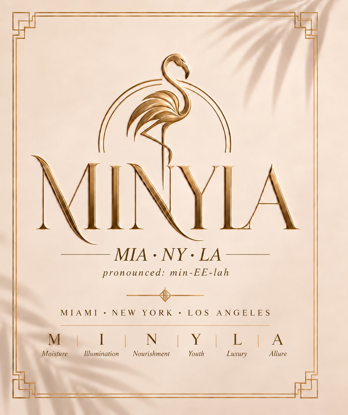 Original MINYLA brand board with gold flamingo logo, MIA • NY • LA identity, and blush ivory Art Deco design.