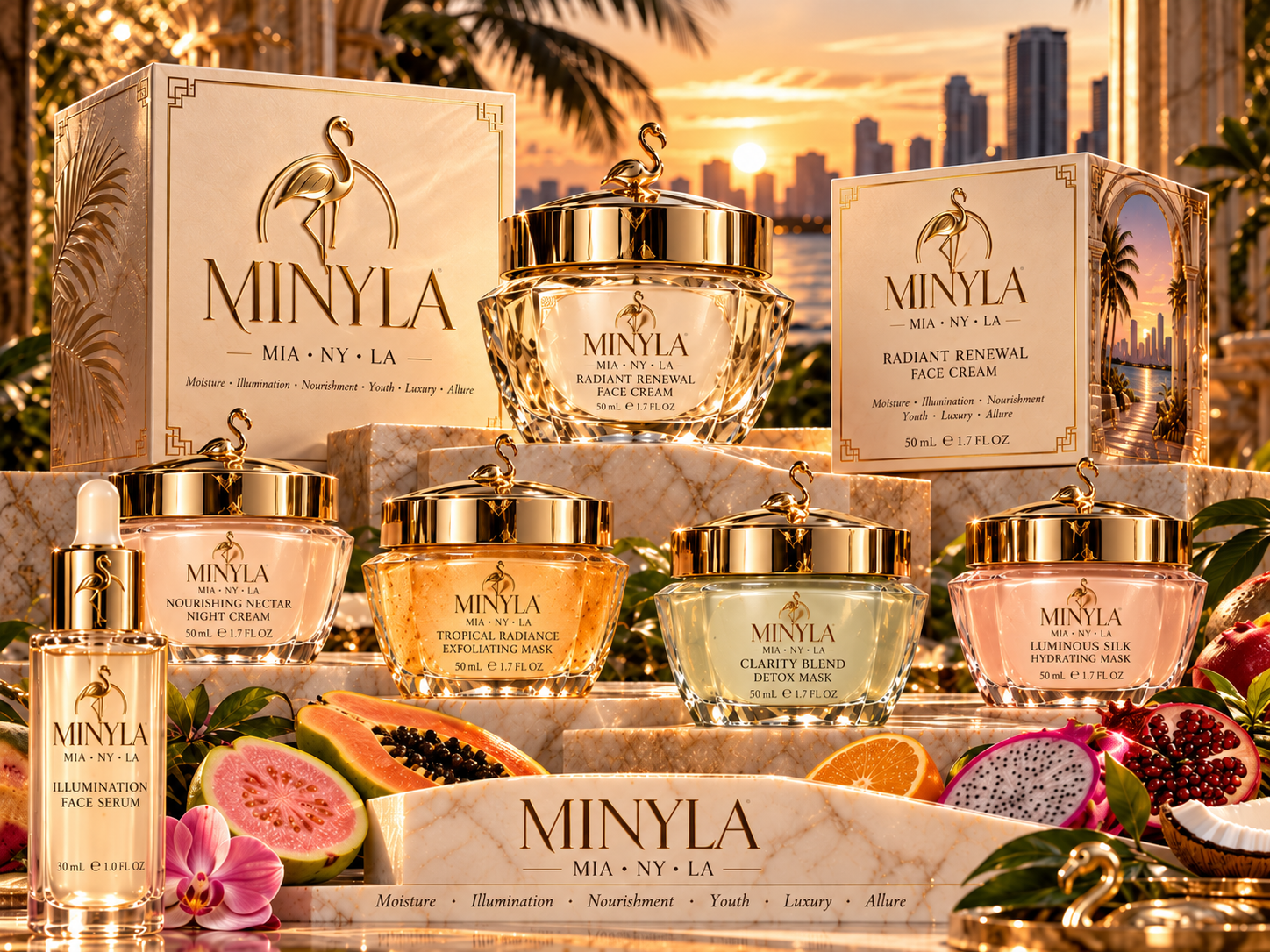 Original MINYLA Beauty concept artwork: champagne gold bird-topped glass skincare jars, flamingo-branded Art Deco boxes, tropical fruits, and a Miami sunset.